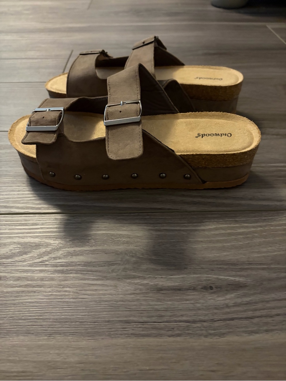 Studded Double-Buckle Platform Sandals in Brown